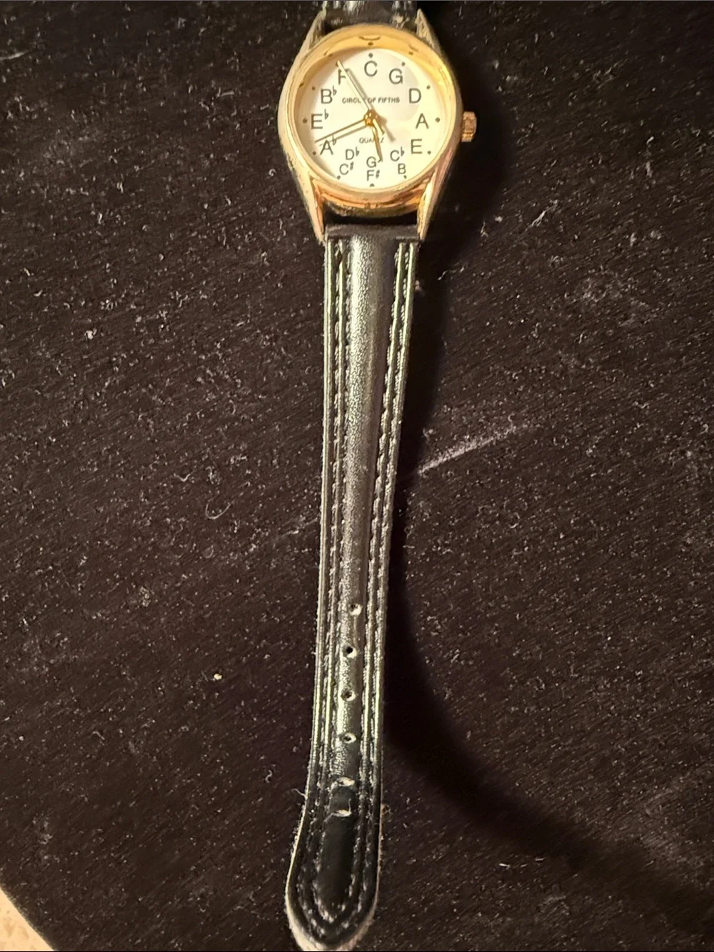 Circle of Fifths Gold-Tone Watch with Black Leather Strap Size 6.5”